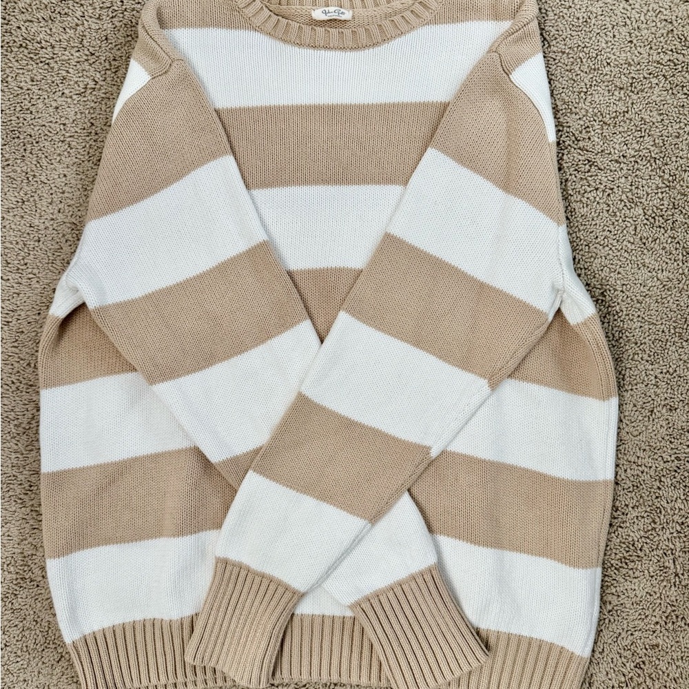 PacSun Beige and White Striped Crew Neck Sweater